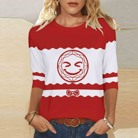 Craaazy Christmas Gifts For Women Crew Neck 3/4 Sleeve Xmas Shirts Funny Santa Christmas Tree Graphic Pullover Snowman Sweatshirts Womens Tops