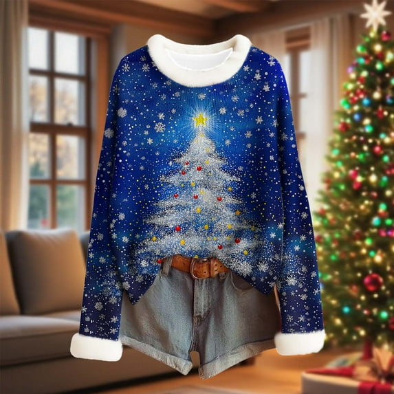 Craaazy Christmas Gifts For Women Furry V Neck Casual Blouse Christmas Trees With Lights Printed Long Sleeve Santa Woven Stripe Tops Gifts For Women