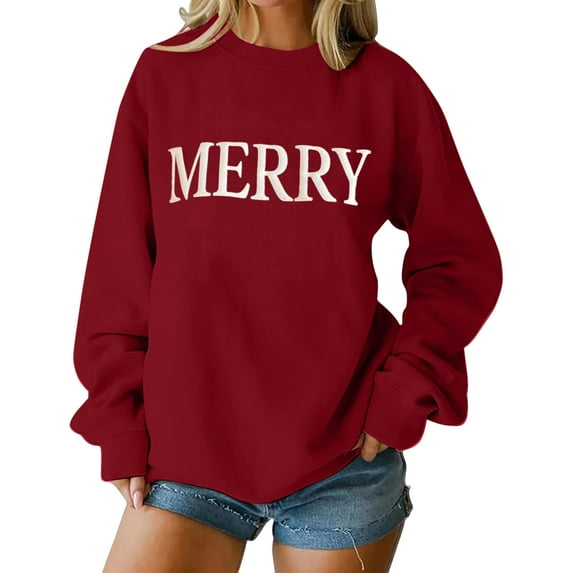 Craaazy Christmas Gifts Women's Christmas Merry Round-Neck Loose Sweatshirt Long-Sleeved Top Casual Sweatshirt Gifts For Women