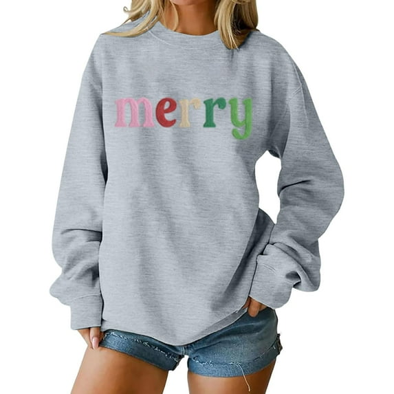 Craaazy Christmas Gifts Women's Christmas Merry Round-Neck Loose Sweatshirt Long-Sleeved Top Casual Sweatshirt Gifts For Women