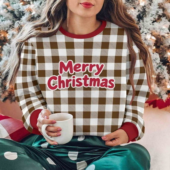 Craaazy Christmas Men And Women's Vintage Plaid Printed Letter Printing Round-neck Casual Sporty Long-sleeved Fleece Sweatshirt Tops Gifts For Women