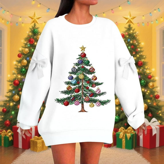 Craaazy Christmas Print Long Sleeve Crew neck Sweatshirts for Womens, Colorful Gifts Casual Loose Shirts Pullover Tops, Holiday S tyle Real Bow