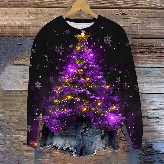Craaazy Christmas Printed Shirts For Women Casual Crew Neck Tops Loose Long Sleeve Fall Sweatshirt Xmas Tree Print Funny Merry Christmas Gifts
