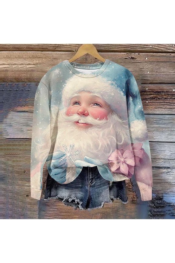 Christmas Round Neck Long Sleeve Shirts For Women Funny Santa Xmas Printed Holiday Pullover Gifts For Women