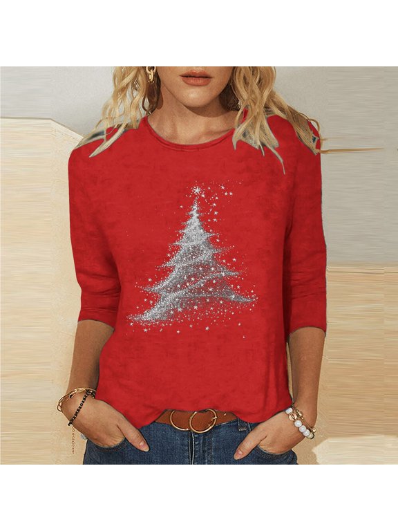 Christmas Shirts 3/4 Sleeve Casual Round Neck Womens Shirts Christmas Printing Blouse Gifts for Women