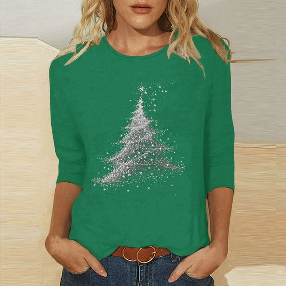 Craaazy Christmas Shirts 3/4 Sleeve Casual Round Neck Womens Shirts Christmas Printing Blouse Gifts for Women