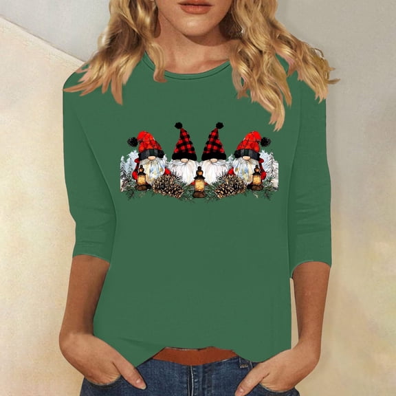 Craaazy Christmas Shirts 3/4 Sleeve Pullover Casual Crew Neck Womens Shirts Christmas Prints Blouse Gifts for Women