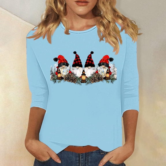 Craaazy Christmas Shirts 3/4 Sleeve Pullover Casual Crew Neck Womens Shirts Christmas Prints Blouse Gifts for Women