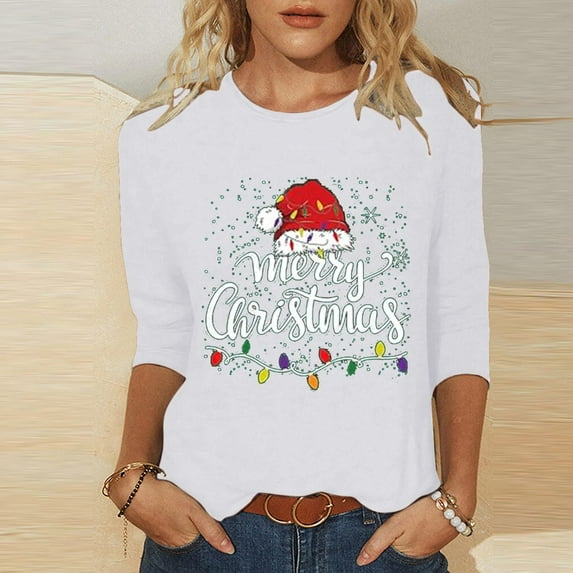 Craaazy Christmas Shirts Christmas Fashion Printed Womens Tops Round Neck 3/4 Sleeve T-shirt Fall Shirts for Women Gifts for Women