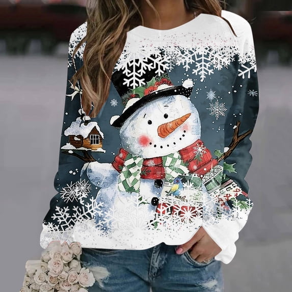 Craaazy Christmas Shirts Snowman Snowflake Print Long Sleeve Crewneck Womens Sweatshirt Christmas Womens Tops Loose Tops Gifts for Women