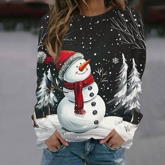 Craaazy Christmas Shirts Snowman Snowflake Print Long Sleeve Crewneck Womens Sweatshirt Christmas Womens Tops Loose Tops Gifts for Women