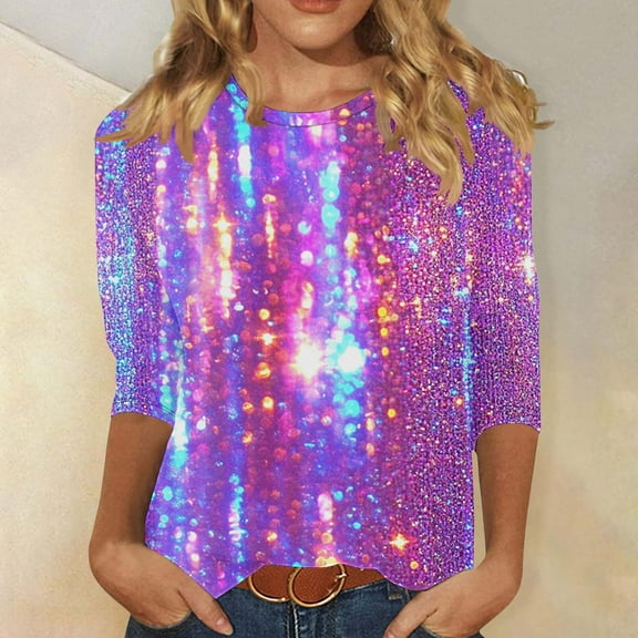 Craaazy Christmas Shirts Women's Comfortable Crew-Neck 3/4 Sleeve Blouses Cute Christmas Prints Casual T-shirt Xmas Tree Pullover Gifts