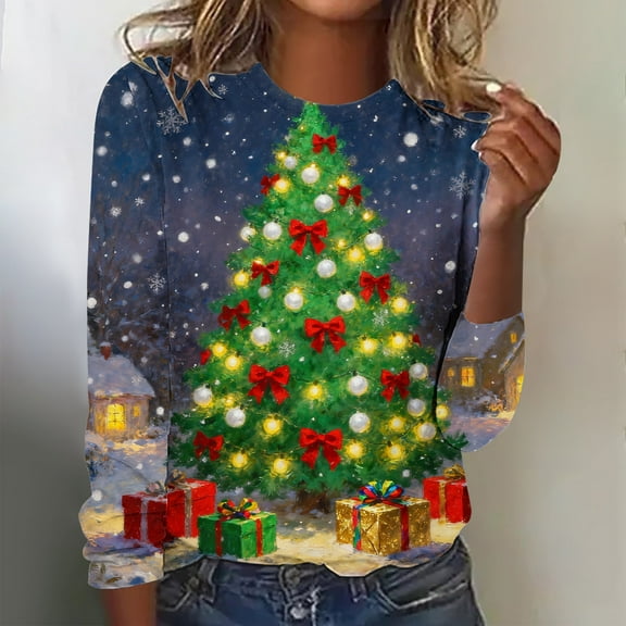 Craaazy Christmas Shirts Womens Round Neck Long Sleeve Christmas Tree Printed Shirts Xmas Santa Tops Gifts