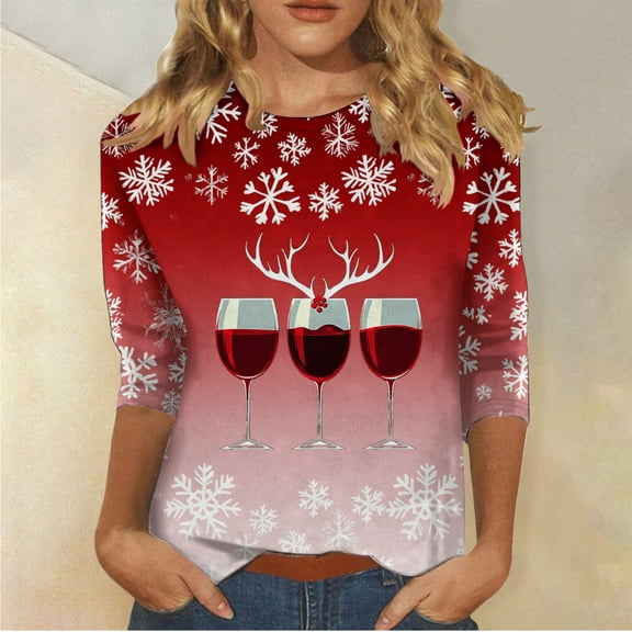 Craaazy Christmas Shirts for Women 3/4 Length Gifts Sleeve Tunic Blouses Xmas Tree Cute Print Tops Crew Neck Christmas prints Blous es