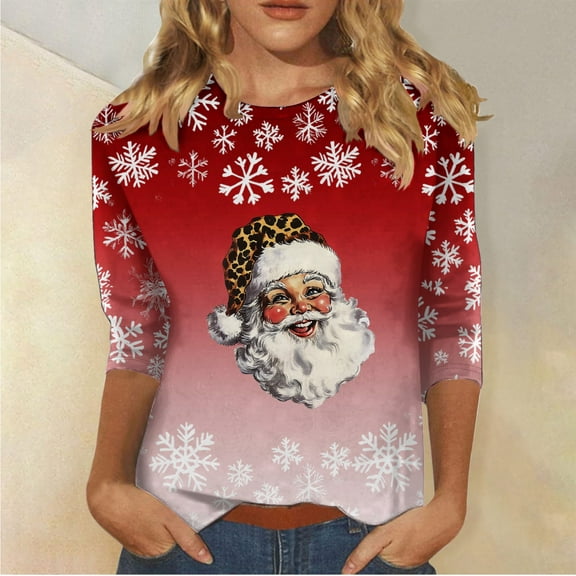 Craaazy Christmas Shirts for Women 3/4 Length Gifts Sleeve Tunic Blouses Xmas Tree Cute Print Tops Crew Neck Christmas prints Blous es