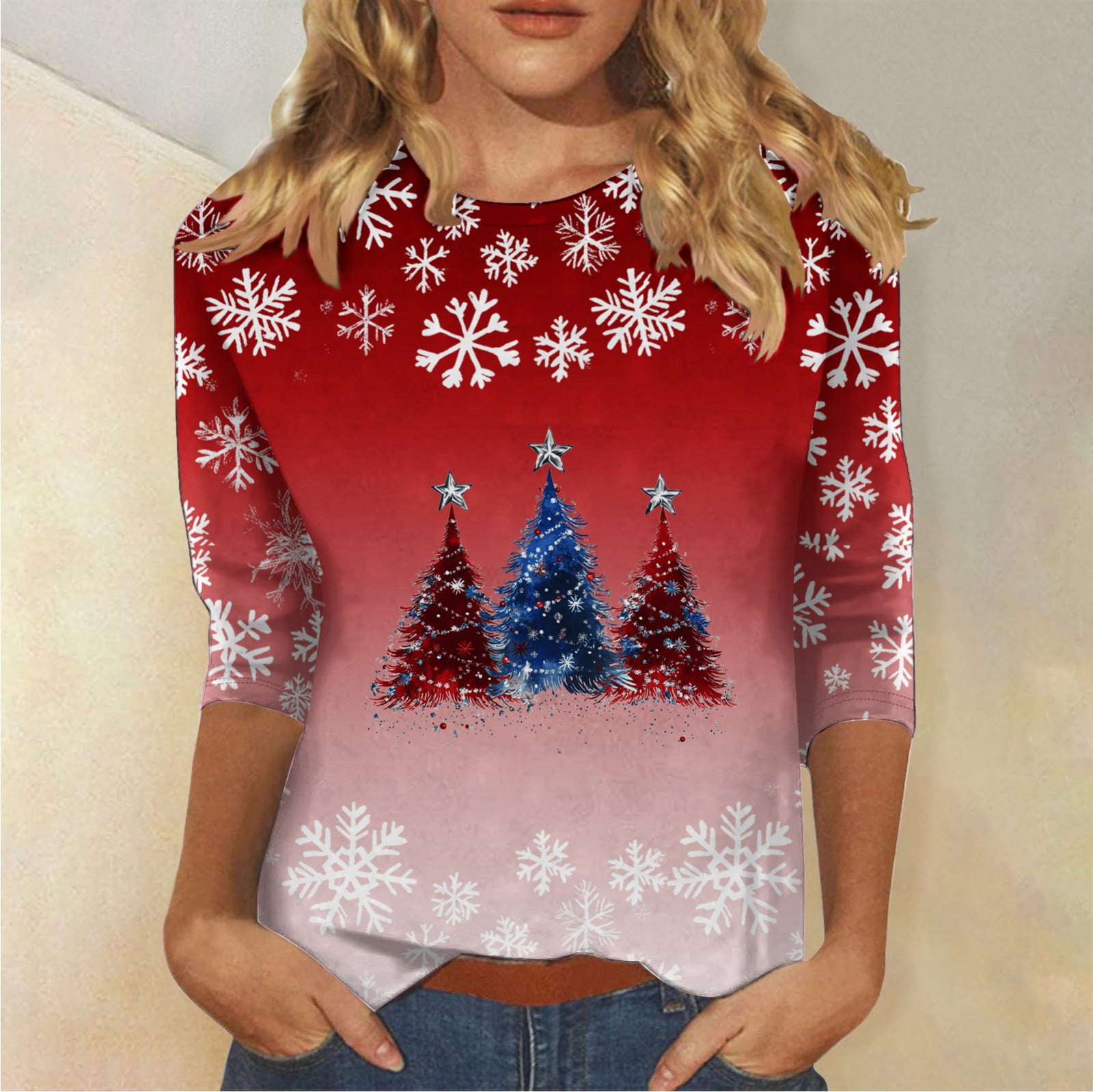 Craaazy Christmas Shirts for Women 3/4 Length Gifts Sleeve Tunic Blouses  Xmas Tree Cute Print Tops Crew Neck Christmas prints Blous es - Walmart.com, image size:1600x1599