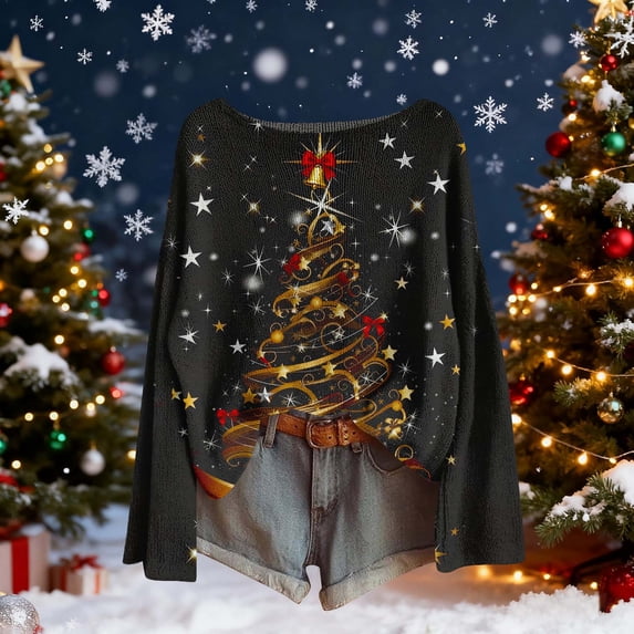 Craaazy Christmas Shirts for Women Christmas Printed Crew Neck Long Sleeve Pullover Holiday Christmas Womens Tops Gifts for Women