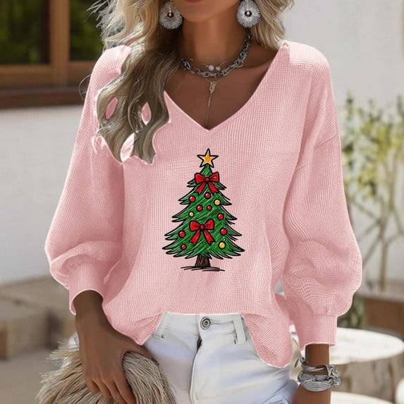 Craaazy Christmas Shirts for Women Fashion Clothing Christmas Printed 3/4 Sleeve V Neck Xmas Womens Tops Gifts