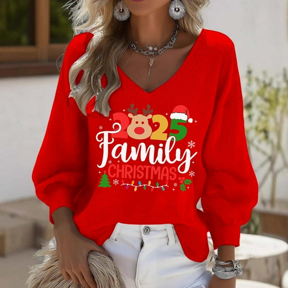 Craaazy Christmas Shirts for Women Fashion Clothing Christmas Printed 3/4 Sleeve V Neck Xmas Womens Tops Gifts