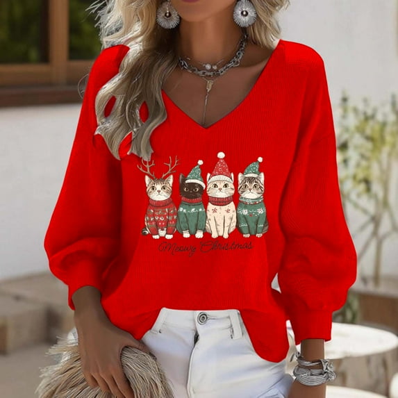 Craaazy Christmas Shirts for Women Fashion Clothing Christmas Printed 3/4 Sleeve V Neck Xmas Womens Tops Gifts