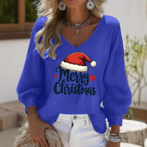 Craaazy Christmas Shirts for Women Fashion Clothing Christmas Printed 3/4 Sleeve V Neck Xmas Womens Tops Gifts