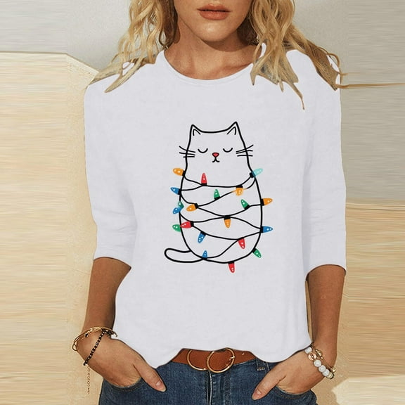 Craaazy Christmas Shirts for Women Fashion Printed 3/4 Sleeve Casual Tops Gifts