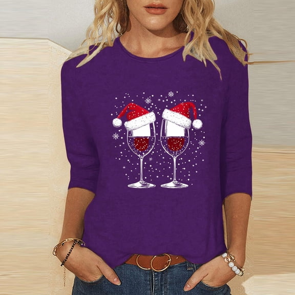 Craaazy Christmas Shirts for Women Fashion Printed 3/4 Sleeve Casual Tops Gifts