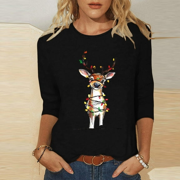 Craaazy Christmas Shirts for Women Fashion Printed 3/4 Sleeve Casual Tops Gifts