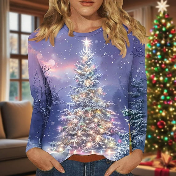Craaazy Christmas Shirts for Women Long Sleeve Crew Neck Blouse Colorful Xmas Print Womens Tops Gifts for Women