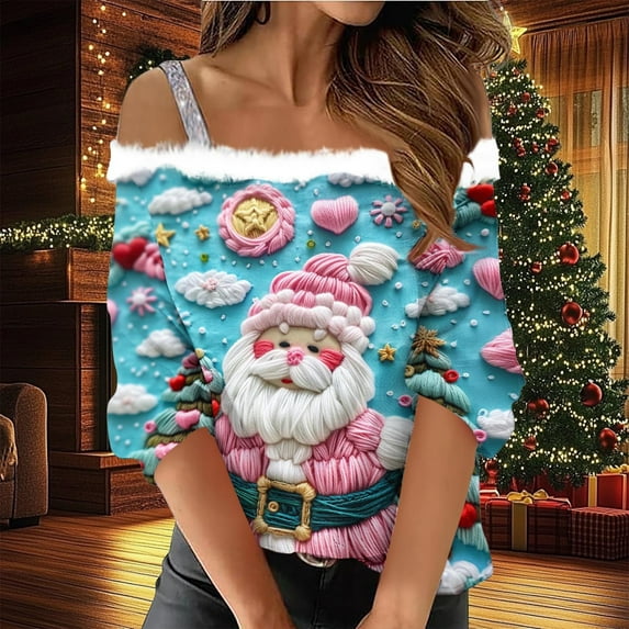 Craaazy Christmas Shirts for Women Off Shoulder Tops Christmas Print Fluffy Fuzzy Neck Long Sleeve Xmas Shirt Gifts