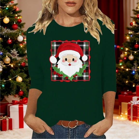 Craaazy Christmas Shirts for Women Round Neck 3/4 Sleeve Santa Prints Blouses Gifts
