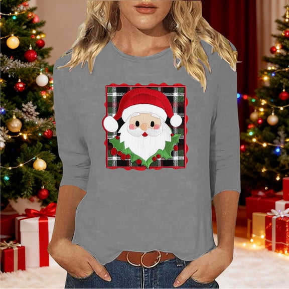 Craaazy Christmas Shirts for Women Round Neck 3/4 Sleeve Santa Prints Blouses Gifts