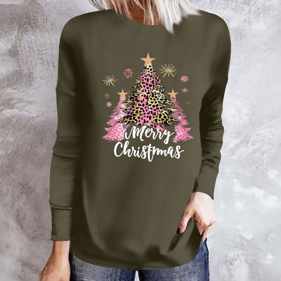 Craaazy Christmas Shirts for Women Trendy Shining Christmas Tree Printed Casual Round Neck Loose Long Sleeve Womens Top Gifts for Women