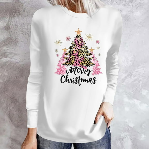 Craaazy Christmas Shirts for Women Trendy Shining Christmas Tree Printed Casual Round Neck Loose Long Sleeve Womens Top Gifts for Women