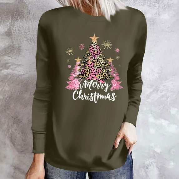 Craaazy Christmas Shirts for Women Trendy Shining Christmas Tree Printed Casual Round Neck Loose Long Sleeve Womens Top Gifts for Women