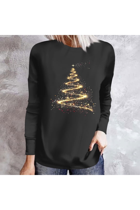 Christmas Shirts for Women Trendy Shining Christmas Tree Printed Casual Round Neck Loose Long Sleeve Womens Top Gifts for Women