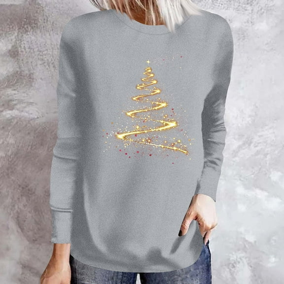Craaazy Christmas Shirts for Women Trendy Shining Christmas Tree Printed Casual Round Neck Loose Long Sleeve Womens Top Gifts for Women