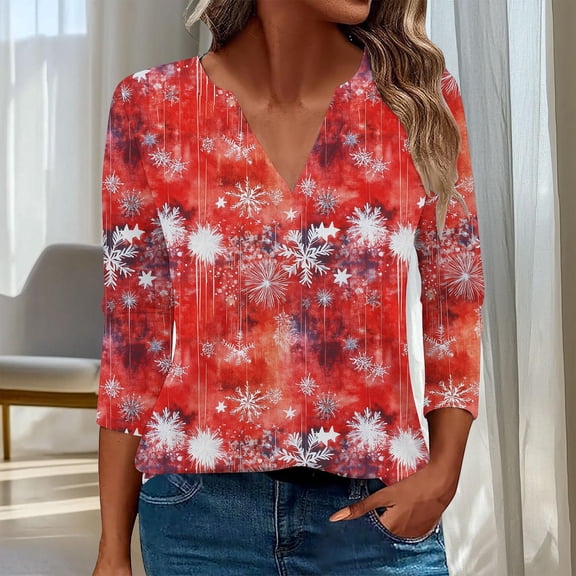 Craaazy Christmas Shirts for Women V-Neck 3/4 Sleeve Casual Fall Winter Christmas Tops Gifts