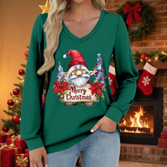 Craaazy Christmas Shirts for Women V Neck Long Sleeve Sweatshirt Christmas Print Pullover Tops Gifts