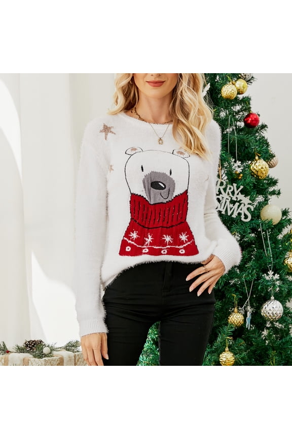 Christmas Sweater Casual Long Sleeve Christmas Print Knit Women Tops Crew-Neck Xmas Patterns Pullover Gifts