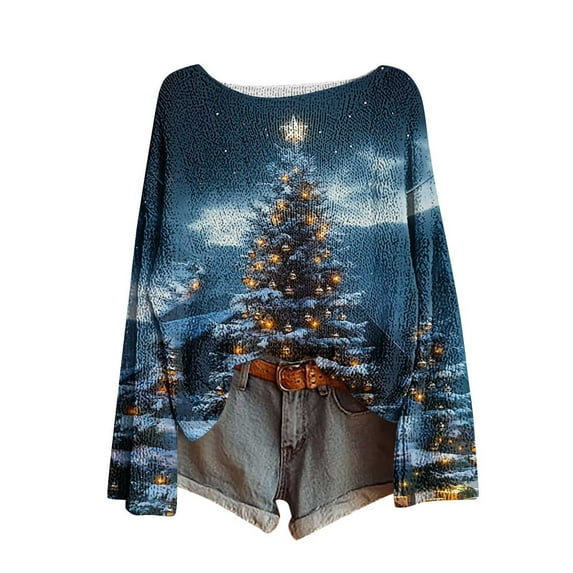 Craaazy Christmas Sweaters for Women Knitted Fall Winter Xmas Print Women Pullover Sweater Crew Neck Long Sleeved Christmas Print Graphic Festival Tops Gifts