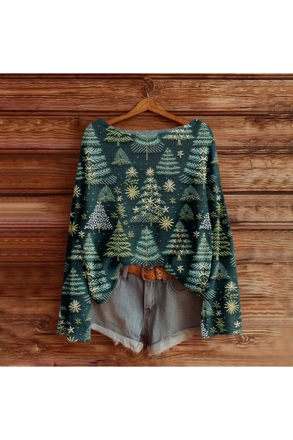 Christmas Sweaters for Women Knitted Fall Winter Xmas Print Women Pullover Sweater Crew Neck Long Sleeved Christmas Print Graphic Festival Tops Gifts