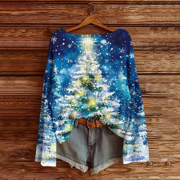 Craaazy Christmas Sweaters for Women Knitted Fall Winter Xmas Print Women Pullover Sweater Crew Neck Long Sleeved Christmas Print Graphic Festival Tops Gifts