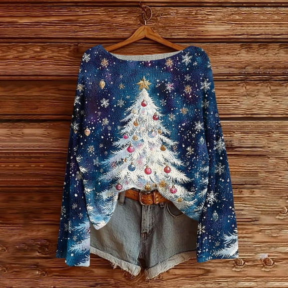 Craaazy Christmas Sweaters for Women Knitted Fall Winter Xmas Print Women Pullover Sweater Crew Neck Long Sleeved Christmas Print Graphic Festival Tops Gifts