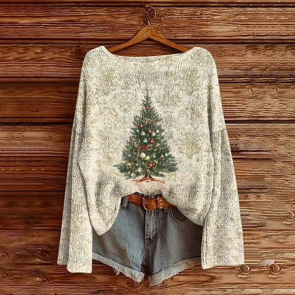 Craaazy Christmas Sweaters for Women Knitted Fall Winter Xmas Print Women Pullover Sweater Crew Neck Long Sleeved Christmas Print Graphic Festival Tops Gifts