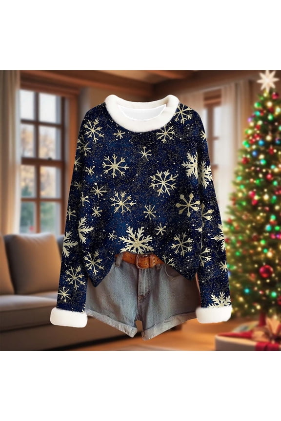 Christmas Sweaters for Women Santa Printed Furry Crew Neck Christmas Printed Sweaters Gifts For Women