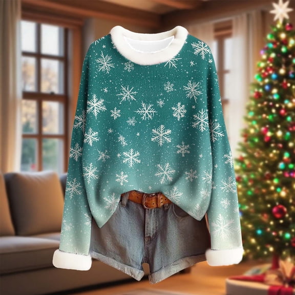 Craaazy Christmas Sweaters for Women Santa Printed Furry Crew Neck Christmas Printed Sweaters Gifts For Women