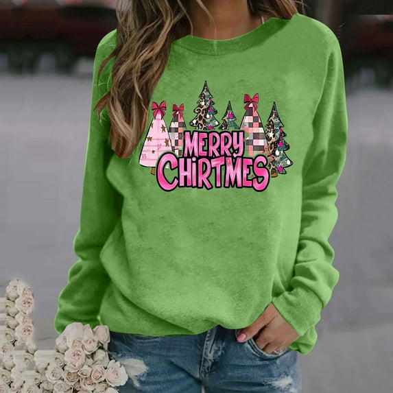 Craaazy Christmas Sweatshirts For Women Long Sleeve Merry Christmas Tree Lights Pullover Shirts Holiday Merry Blouse Xmas Tops Womens Tops