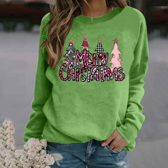 Craaazy Christmas Sweatshirts For Women Long Sleeve Merry Christmas Tree Lights Pullover Shirts Holiday Merry Blouse Xmas Tops Womens Tops