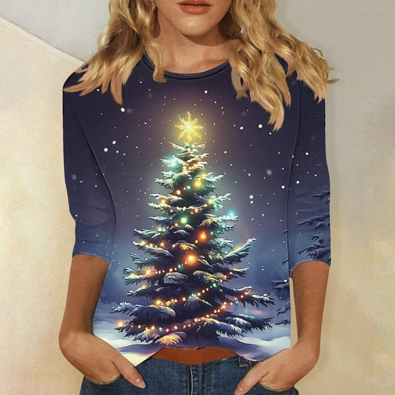 Craaazy Christmas Sweatshirts for Women Crew Neck 3/4 Sleeve Womens Shirts Christmas Print Loose Blouse Gifts for Women
